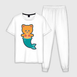 Пижама хлопковая мужская Cat Mermaid, цвет: белый