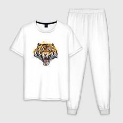 Пижама хлопковая мужская Ярость тигра, цвет: белый