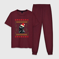 Пижама хлопковая мужская Рождественский свитер Черный мопс, цвет: меланж-бордовый
