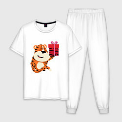 Пижама хлопковая мужская Тигренок с подарком к Новому Году, цвет: белый