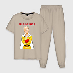 Пижама хлопковая мужская Сайтама безразличие One Punch-Man, цвет: миндальный