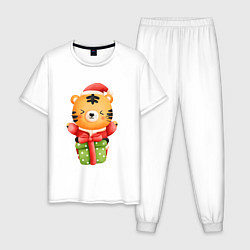 Пижама хлопковая мужская Тигренок с новогодним подарком, цвет: белый