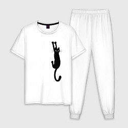 Пижама хлопковая мужская Черная кошка висит, цвет: белый