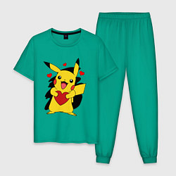Пижама хлопковая мужская ПИКАЧУ И СЕРДЕЧКО POKENON PIKACHU LOVE, цвет: зеленый