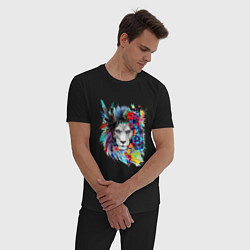 Пижама хлопковая мужская Лев в цветах и перьях, цвет: черный — фото 2