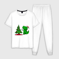 Пижама хлопковая мужская Рождественский динозавр Christmas dinosaur, цвет: белый