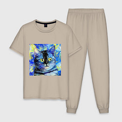 Пижама хлопковая мужская Кот ван Гога Настроение, цвет: миндальный