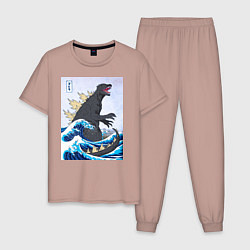 Пижама хлопковая мужская Godzilla in The Waves Eastern, цвет: пыльно-розовый