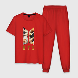 Пижама хлопковая мужская БТС Логотип Фото, цвет: красный