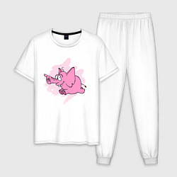 Пижама хлопковая мужская Розовый слон, бегущий по своим делам, цвет: белый