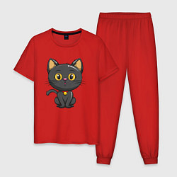 Пижама хлопковая мужская Черный маленький котенок, цвет: красный