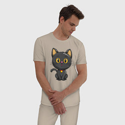 Пижама хлопковая мужская Черный маленький котенок, цвет: миндальный — фото 2