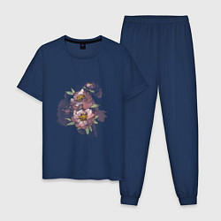 Пижама хлопковая мужская Нежные розовые цветы, цвет: тёмно-синий