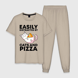 Пижама хлопковая мужская Легко отвлекаюсь на котов и пиццу, цвет: миндальный