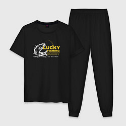 Пижама хлопковая мужская Счастливая рыбацкая футболка не стирать, цвет: черный