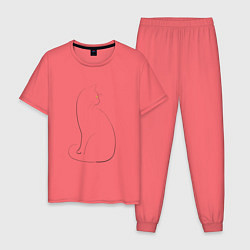 Пижама хлопковая мужская Кошка лайн арт, цвет: коралловый