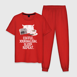 Пижама хлопковая мужская Кофе Журналистика Спать Повторить, цвет: красный