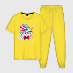 Пижама хлопковая мужская Кот в кепке и с бабочкой, цвет: желтый