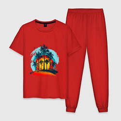 Пижама хлопковая мужская Рассвет и пальмы, цвет: красный