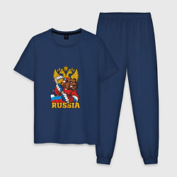 Пижама хлопковая мужская Хоккей - Russia, цвет: тёмно-синий