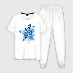 Пижама хлопковая мужская Синие цветы blue flowers, цвет: белый