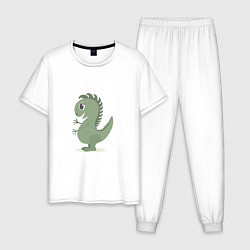 Пижама хлопковая мужская Милый зеленый динозаврик, цвет: белый