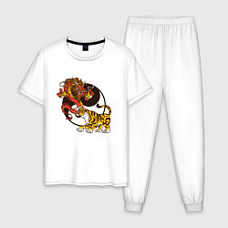 Пижама хлопковая мужская Тигр и Дракон Инь и Ян, цвет: белый