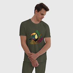 Пижама хлопковая мужская Птица Тукан на тропической ветке, цвет: меланж-хаки — фото 2
