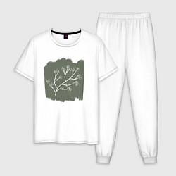 Пижама хлопковая мужская Ветка с листьями, цвет: белый