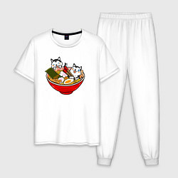 Пижама хлопковая мужская Хаски кушают лапшу, цвет: белый