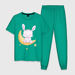 Пижама хлопковая мужская Милый Крольчонок Сидит На Месяце, цвет: зеленый