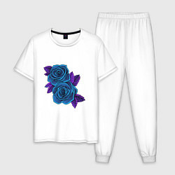 Пижама хлопковая мужская Синие розы ночью, цвет: белый