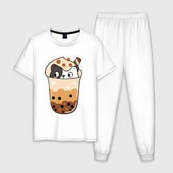 Пижама хлопковая мужская Довольный котик в стакане с мороженым, цвет: белый