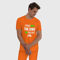 Пижама хлопковая мужская I Paused The Sims To Be Here с зелеными стрелками, цвет: оранжевый — фото 2