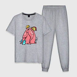 Пижама хлопковая мужская Розовая слоника со слонятами, цвет: меланж