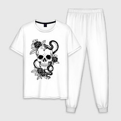 Пижама хлопковая мужская Чёрная мамба обвивает череп и розы, цвет: белый