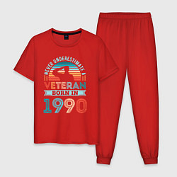 Пижама хлопковая мужская Никогда не недооценивай ветерана 1990 года, цвет: красный