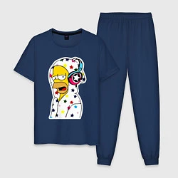 Пижама хлопковая мужская Гомер Симпсон в звёздном балахоне и в наушниках, цвет: тёмно-синий