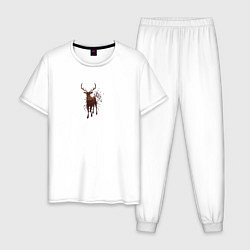 Пижама хлопковая мужская Осенний лес в силуэте идущего оленя, цвет: белый
