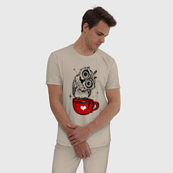 Пижама хлопковая мужская Сова на кружке с сердечком, цвет: миндальный — фото 2
