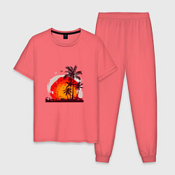 Пижама хлопковая мужская Пальмы на фоне заката, цвет: коралловый