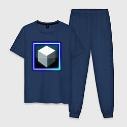 Пижама хлопковая мужская Белый геометрический куб с сиянием, цвет: тёмно-синий