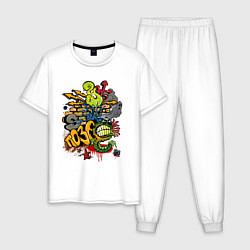 Пижама хлопковая мужская Граффити монстрик и молнии, цвет: белый