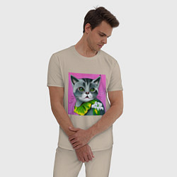 Пижама хлопковая мужская Зеленоглазое котэ виртуального мира, цвет: миндальный — фото 2