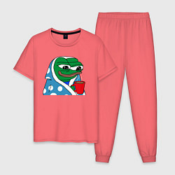 Пижама хлопковая мужская Frog Pepe мем, цвет: коралловый
