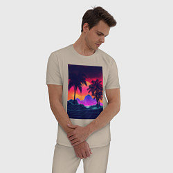 Пижама хлопковая мужская Синтвейв пляж и пальмы, цвет: миндальный — фото 2