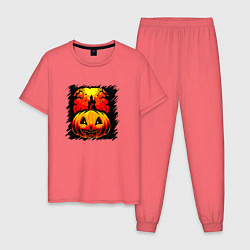 Пижама хлопковая мужская Жуткая тыква на Хэллоуин, цвет: коралловый