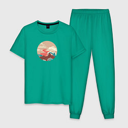 Пижама хлопковая мужская Большая океанская волна и пустой остров на закате, цвет: зеленый