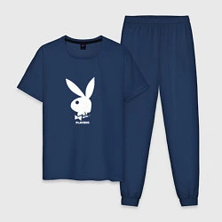 Пижама хлопковая мужская Черный кролик с надписью play2023, цвет: тёмно-синий