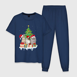 Пижама хлопковая мужская Коты и елка с подарками, цвет: тёмно-синий